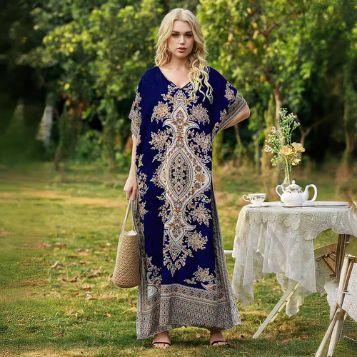 Women's European and American Printed Dresses, Middle Eastern Plus Size Loose Long Robes, Beach Vacation Dresses