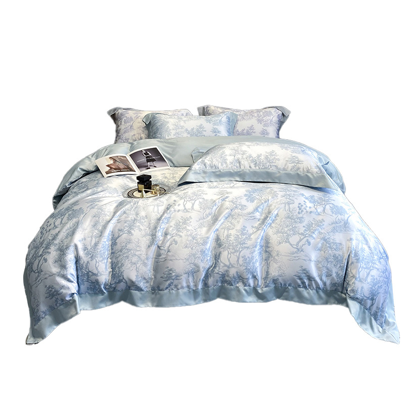 Traje de cuatro piezas de lujo ligero de seda de hielo de verano, estilo de verano de lujo ligero, edredón lavado de verano, sábanas, ropa de cama de tres piezas para dormitorio