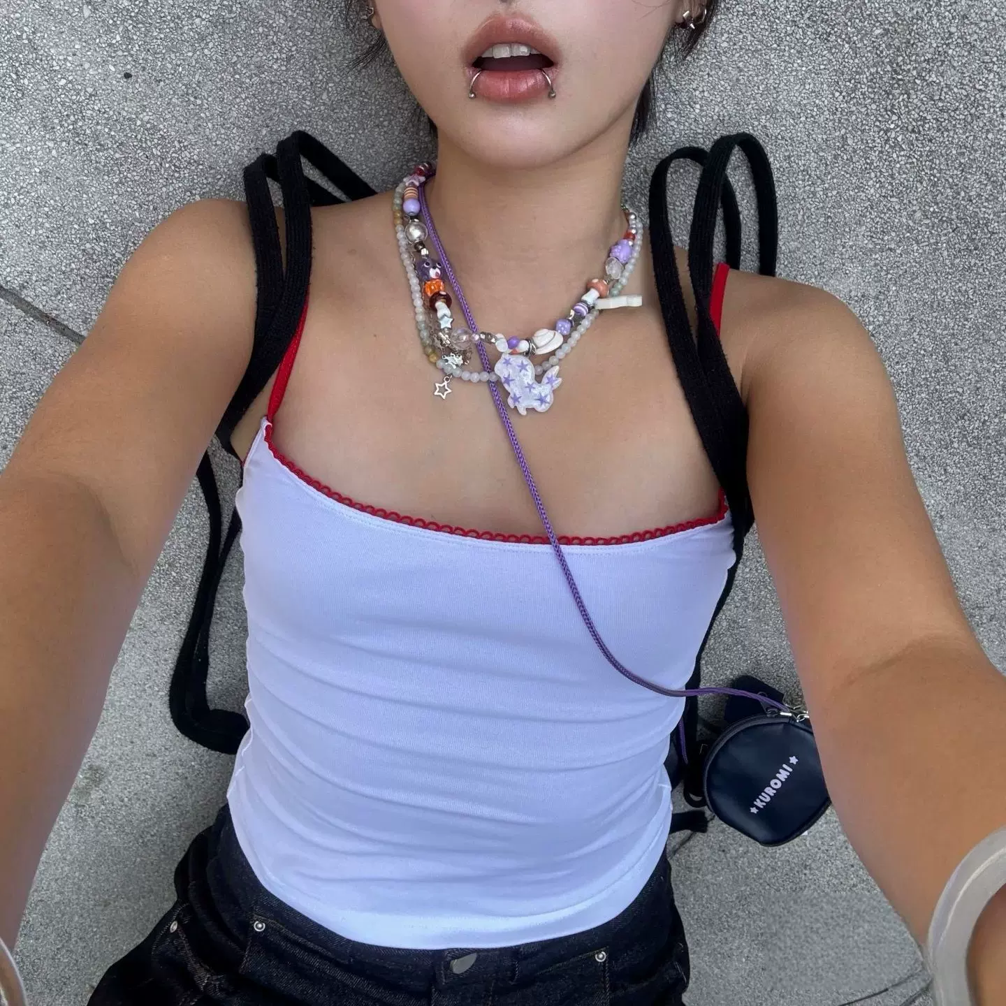 新款遮副乳百搭撞色花边弹力修身打底吊带背心短裤套装单件女5301
