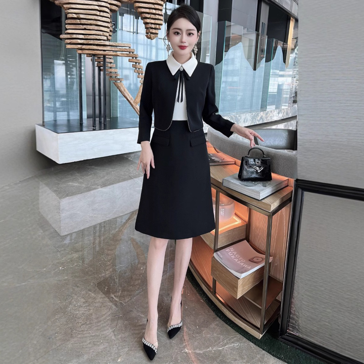 직장 작은 검은 치마 가을과 겨울 유럽 상품 작은 향기로운 바람 무거운 산업 옷깃 활 가짜 투피스 허리 원피스
