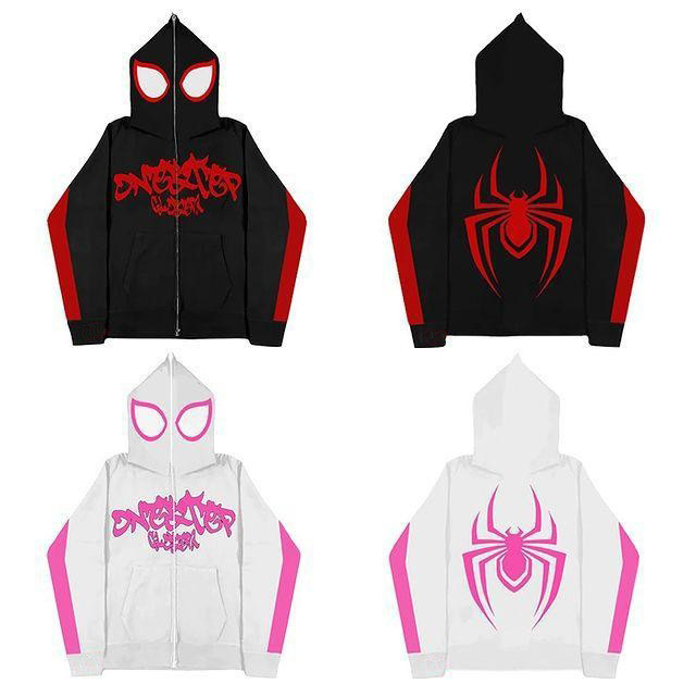 Trendy Street Hip-Hop Y2K Kapuzenpullover, lockere Oberjacke mit durchgehendem Reißverschluss für Herren und Damen mit Spinnenprint_voghion.com