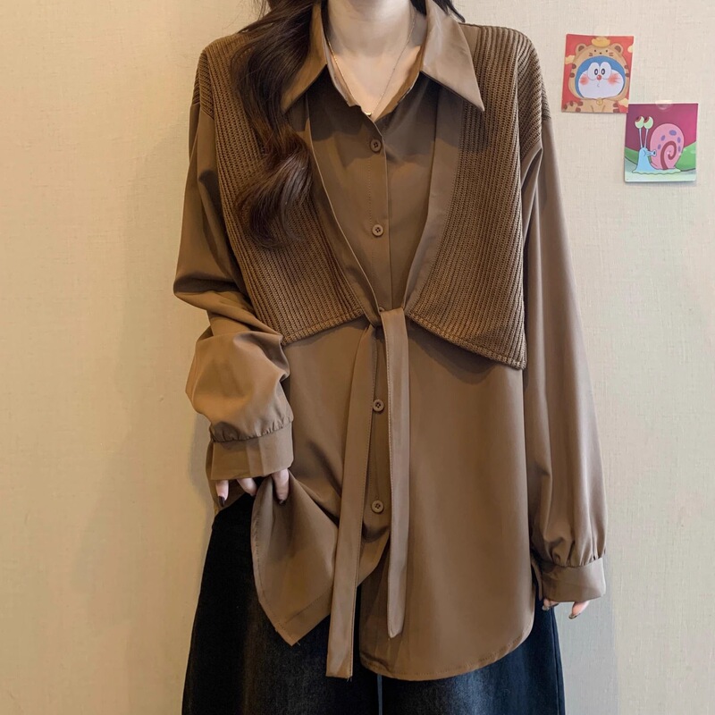Plus-Size Women's European-Style High-End Polo Shirt, Spring Season, Melard Brown, Mid-Length Commuter Shirt Top