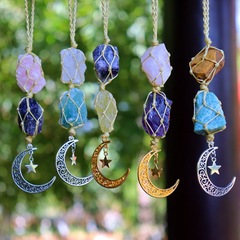DIY Handmade Bead Crystal Pendant Star and Moon Agate Net Bag Car Charm Amethyst Ornament Window Decor Home Decor