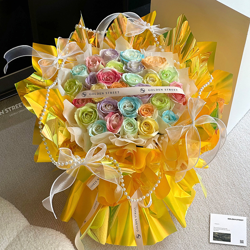 Huaxi Qixi día de San Valentín maravilloso país de la luz colorido papel de embalaje ramo de flores envoltura de gel de película impermeable flor florística florista