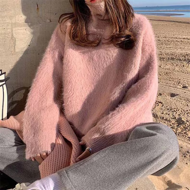 Weicher und gemütlicher Pullover mit hohem Halsausschnitt – flauschiger Strickpullover aus Nerzimitat für Damen, übergroße, lockere Passform, warmes Winter-Layering-Essential_voghion.com