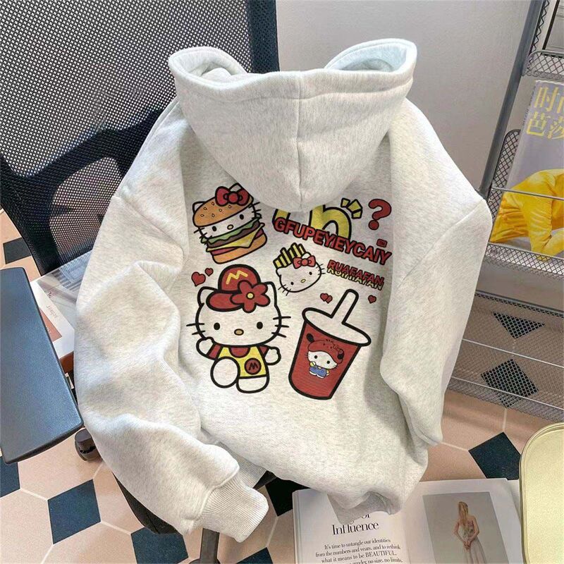Hello Kitty Hello Kitty Front and Back Print Pattern Hooded Sweatshirt Women's 2024 American High Street Cartoon Foreign Trade
