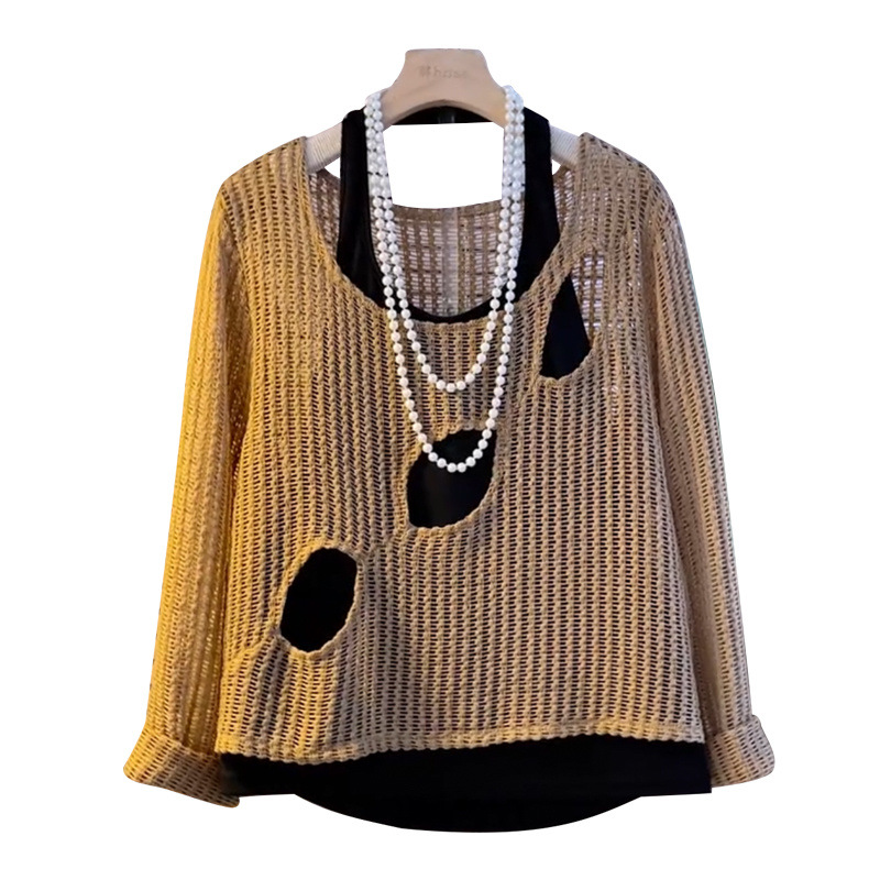 플러스 사이즈 유럽 패션 서양식 여성 디자인 슬링 할로우 니트 이른 가을 벨리 커버링을위한 새로운 올 매치 탑