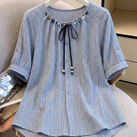 胖mm法式浅蓝色条纹正肩衬衫女装夏季串珠娃娃衫上衣