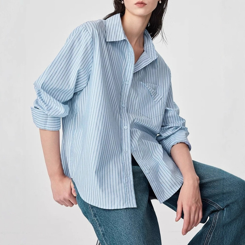 100% Cotton Yarn-Dyed Blue Striped Long-Sleeve Shirt for Women, New Autumn 2026, Small Airplane Pocket Design, Layered Shirt