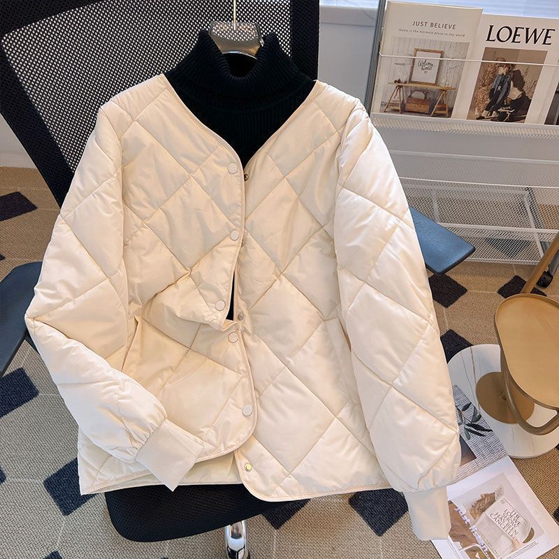 韩版羽绒棉服女短款2025秋冬新款圆领菱形小个子减龄轻薄棉袄外套|undefined