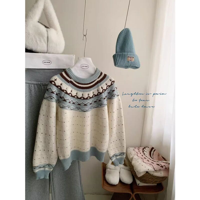 Creamy Fairisland Vintage Jacquard Crewneck Pullover Sweater Women's Winter Loose Thick Soft Waxy Sweet Sweater Top