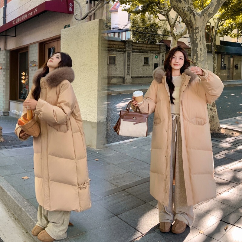 大毛领中长款羽绒棉服女2025年新款韩版宽松过膝棉衣冬加厚外套批|undefined