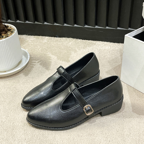 Vintage black small leather shoes for women, spring and autumn French-style shallow Mary Jane shoes, low-heeled pointed-toe flat shoes with thick soles