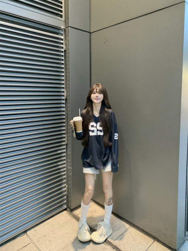 kumikumi美式辣妹复古印花V领长袖T恤女秋季宽松显瘦百搭减龄上衣|undefined