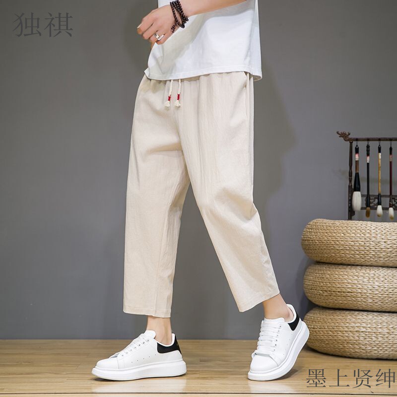 Chinese Style Linen Ankle-length Pants Men's Summer Thin Loose Straight Casual Pants Fashionable plus size Cotton and Linen Ankle-length Pants