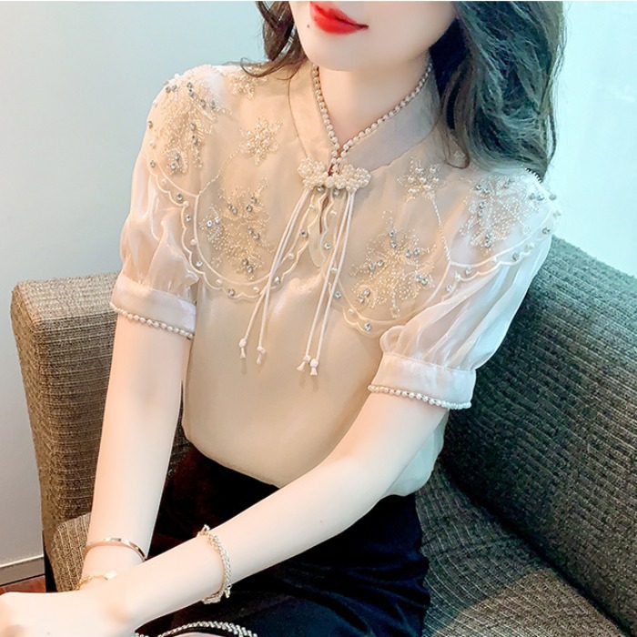 Summer short-sleeved satin chiffon shirt women's 2024 new heavy-duty beaded embroidered lace chic top