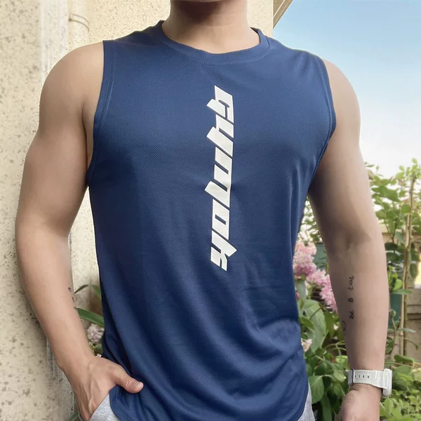 Gym Training Vest Men's Loose Waistcoat Sleeveless T-shirt Rolled Iron Running Sports Mesh Breathable Quick-drying Clothes