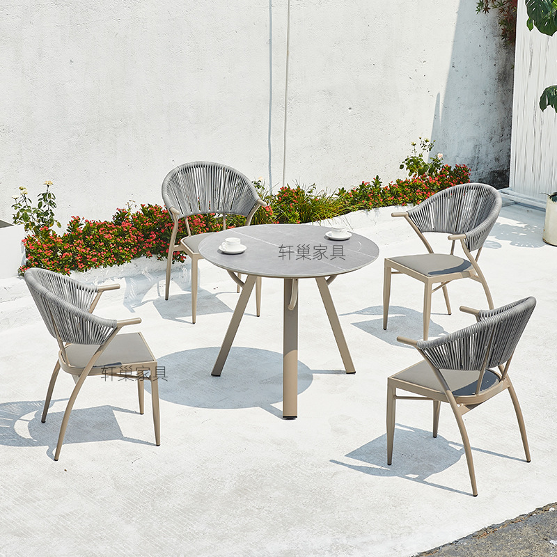 Outdoor table and chair with waterproof wicker backrest, leisure balcony courtyard wrought iron garden wicker outdoor patio woven table and chair