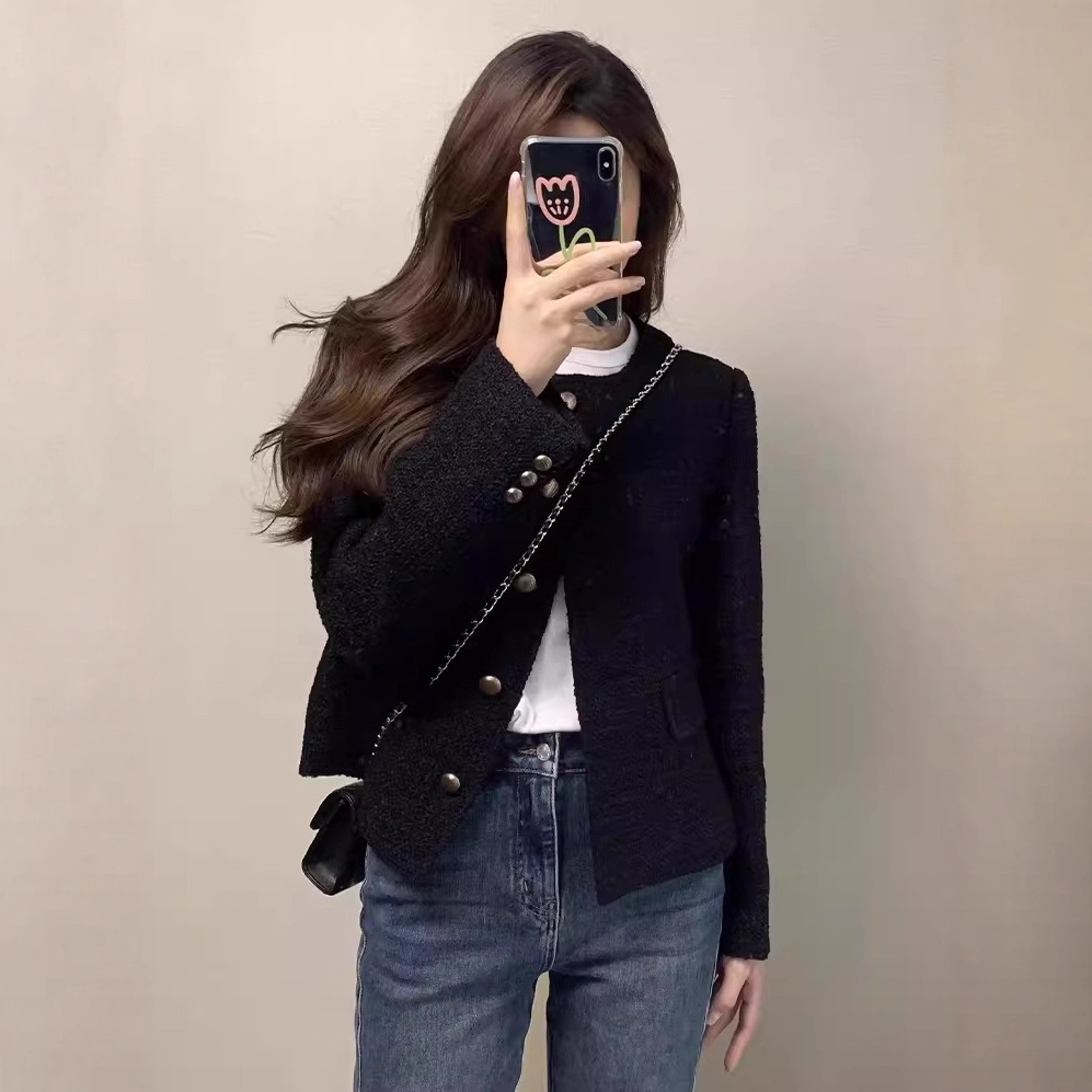 Black Short Jacket for Women in Autumn and Winter, New Korean Design Tweed Cardigan Jacket
