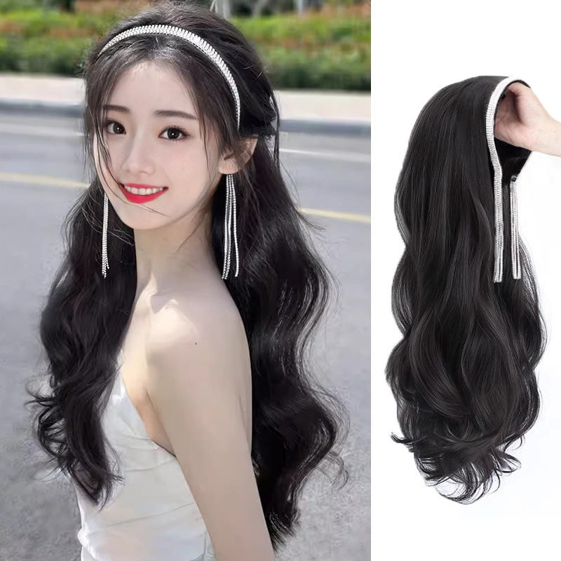 Cross-border wholesale wig women's long hair rhinestone tassel hairband wig one-piece long curly hair detachable U-shaped half head cover