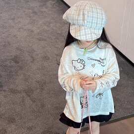 女童洋气防晒t恤2025夏季新款韩系卡通kt猫圆领宽松防晒罩衫上衣