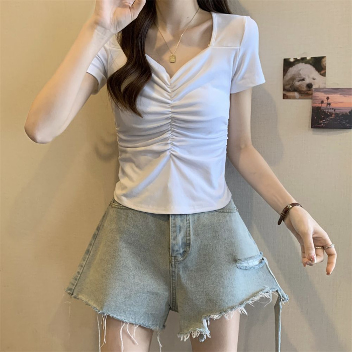 辣妹正肩短袖t恤夏季紧身方领短款修身女高腰露脐褶皱大领口上衣t|undefined