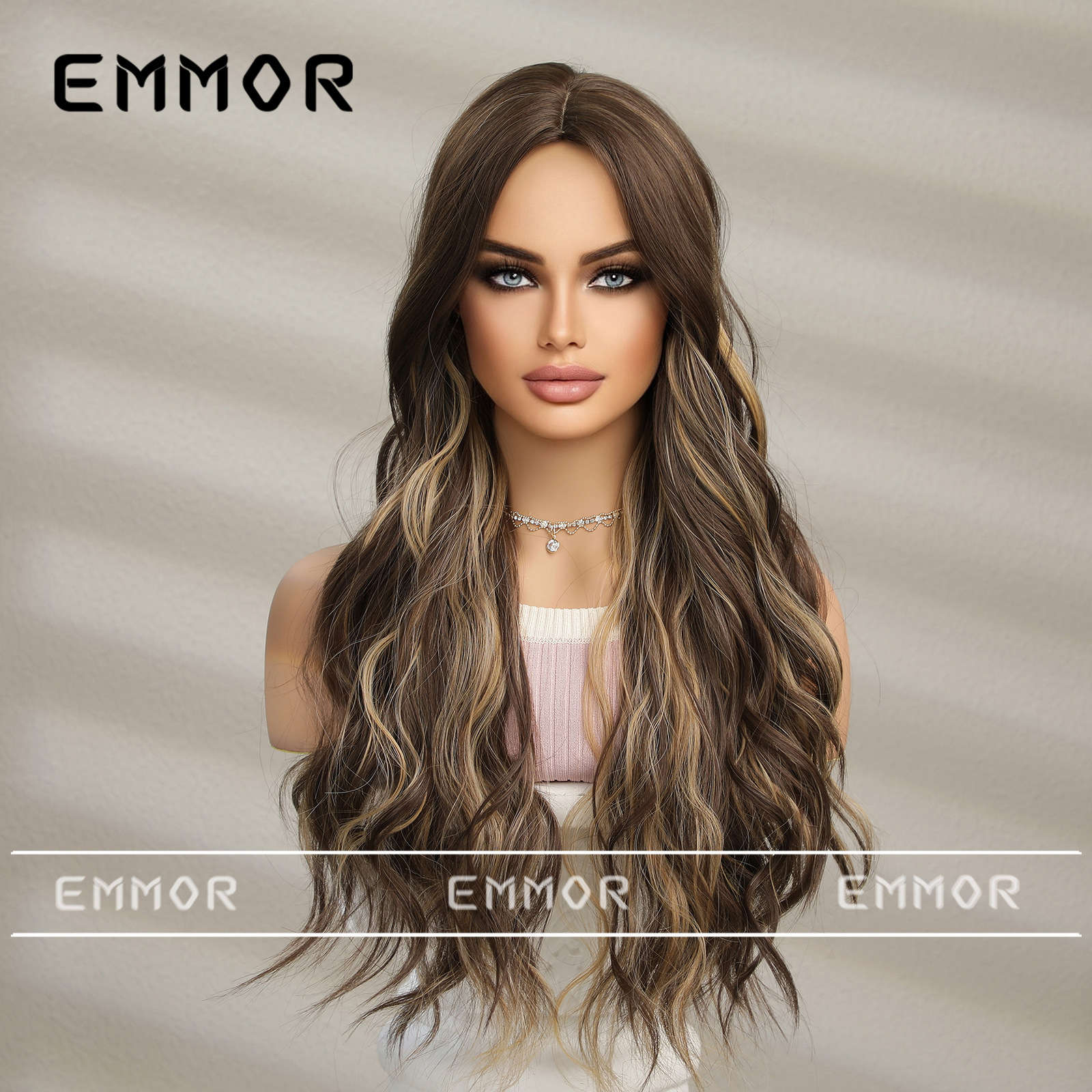 Nueva peluca de mujer de estilo europeo y americano a la moda con reflejos colgantes en la oreja, pelo largo y rizado de parte media marrón oscuro, tocado completo, stock listo para fábrica