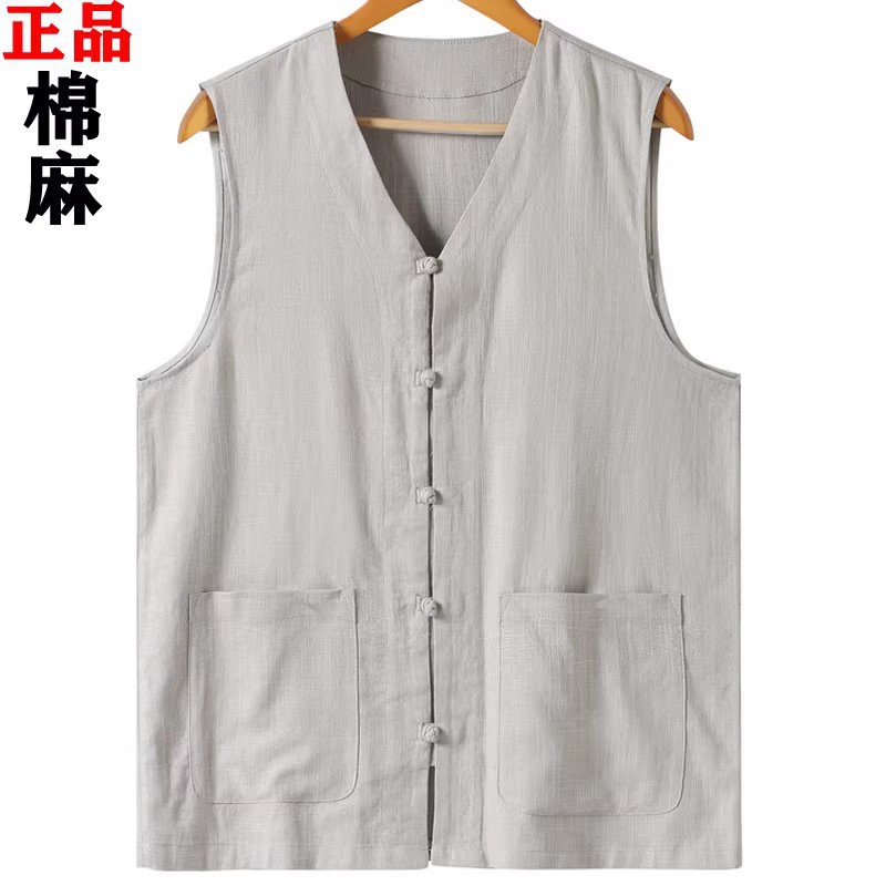 Verano Delgado Chaleco de mediana edad y ancianos sin mangas de los hombres más el tamaño de lino chaleco papá algodón y lino chaleco estilo chino Tang traje