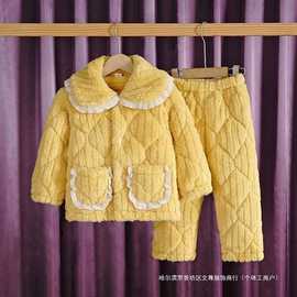 冬季儿童睡衣三层加厚夹棉厚款套装男孩宝宝法兰绒家居服长袖保暖