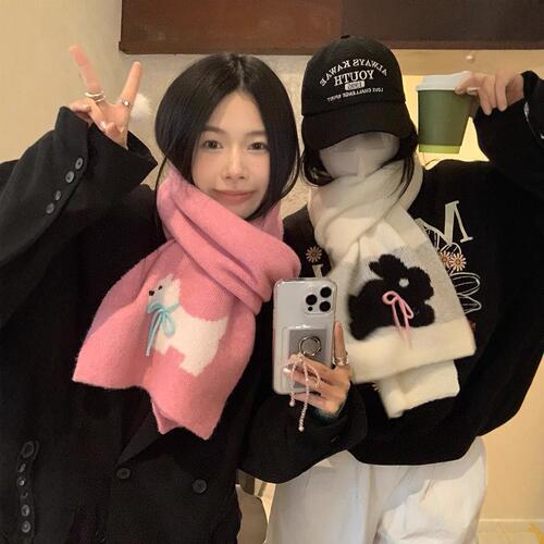 Sweet Cool Rabbit Handmade Bow Winter Warm Scarf Women's Winter Knitted Wool Imitation Cashmere Scarf Solid Color Cartoon