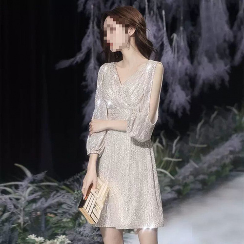 Small evening dress dress for women's new style celebrity sequins light luxury temperament banquet host dress texture