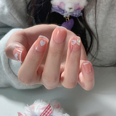 粉嫩透色奶油藍愛心蝴蝶結穿戴美甲假指甲美甲貼片指甲貼片可拆卸