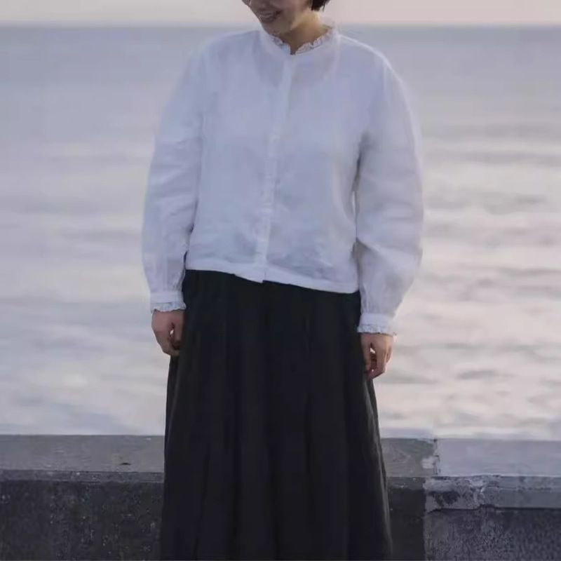 2026 Spring New Women's Round Neck Japanese Style Linen Top Shirt Loose Blouse Vintage Style Long Sleeve