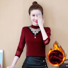 实拍2025秋冬季新款女装女士蕾丝衫女加厚加绒保暖银丝上衣打底衫