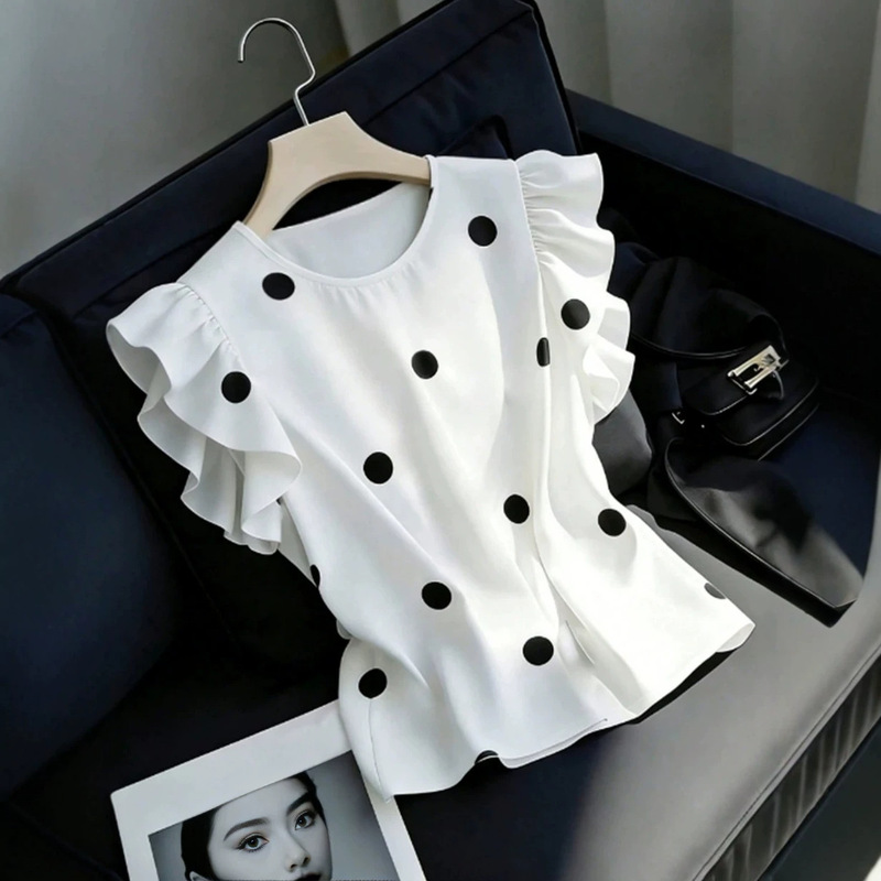 Amazon Cross-Border European and American Style Ruffled Summer Design Niche Polka Dot Sleeveless T-Shirt Slimming and Elegant Top