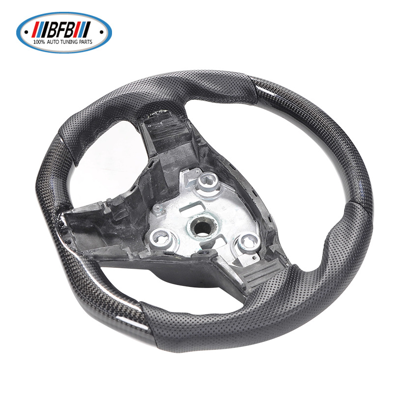 100% Real Carbon Fiber Glossy Black Perforated Steering Wheel Cover - For Tesla Model 3 Y - Black Leather Stitching Modification