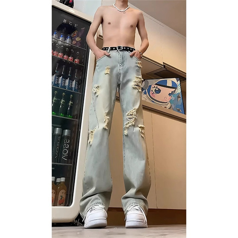 Pantalones de viento de estilo americano de alta calle, pantalones de jeans de calles agujeros, pantalones de verano delgados y rectos para hombres