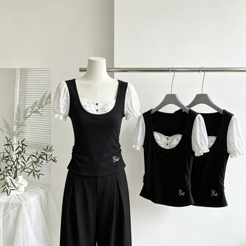 Eleven Sleep Summer Fake Two-Piece Puff Sleeve T-Shirt Top with Unique Design for Women, Short Sleeve Lace