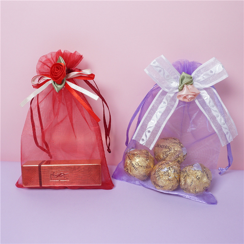 批发蝴蝶结束口袋欧根纱透明抽绳袋高端小样收纳袋礼品纱袋定制