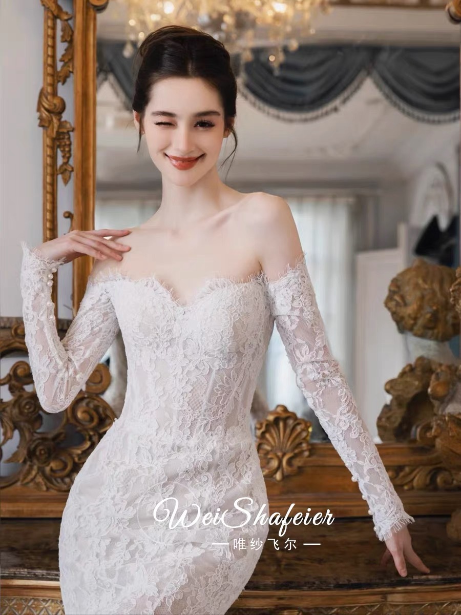 One-Shoulder Long-Sleeve Lace Mermaid Wedding Dress 2025 New Model with High-Quality Texture, Stunning for Going Out, Light Tulle for Petite Figures, Winter