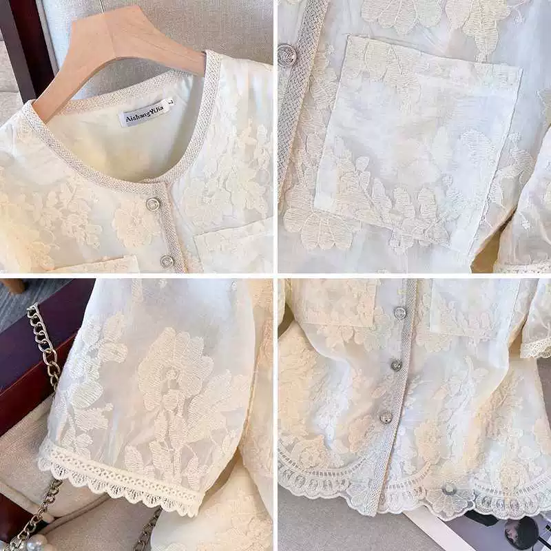 Летняя элегантная кружевная рубашка, плюс-сайз, западный стиль, с вышивкой, с коротким рукавом