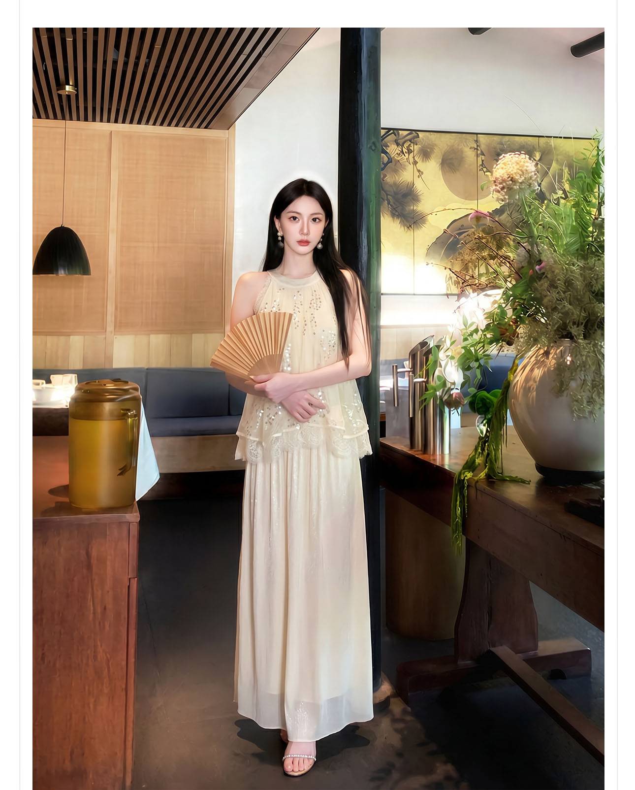 Áo croptop nữ tay ngắn cổ yếm xếp ly đính sequin phối bộ — bộ đồ, nửa váy, Gạo trắng Top chi tiết 11