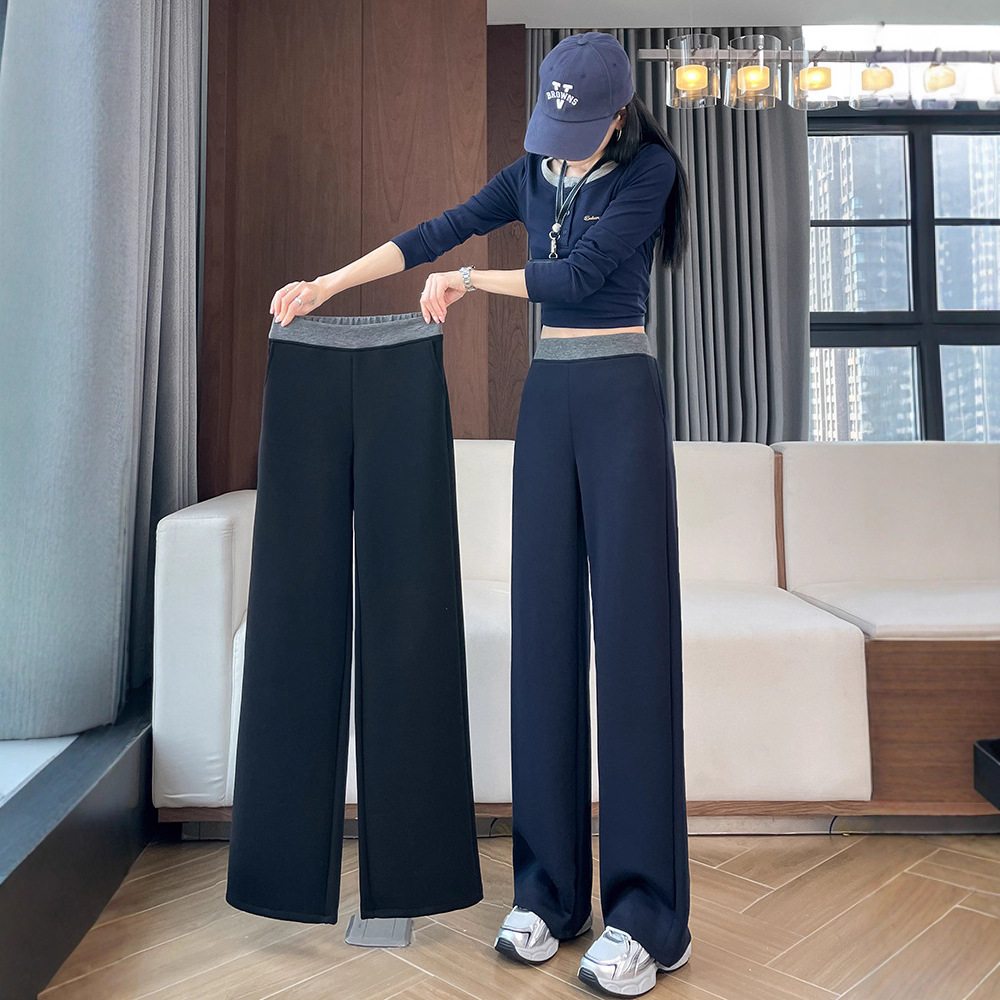 Narrow Wide-Leg Pants for Women, Autumn and Winter Fleece-Lined Sports Pants, High-Waisted Slimming Straight-Leg Casual Pants, Drapey Thickened Woven Pants