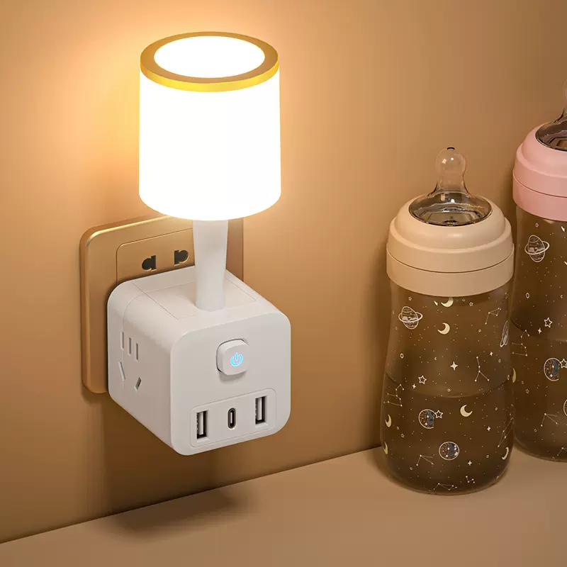 复古装饰小夜灯多功能插座带台灯卧室床头灯可调节亮度北欧ins风