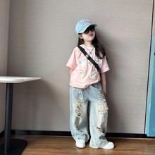 女童夏季痞帅潮酷穿搭休闲破洞牛仔长裤中大童宽松韩版毛巾绣T恤9