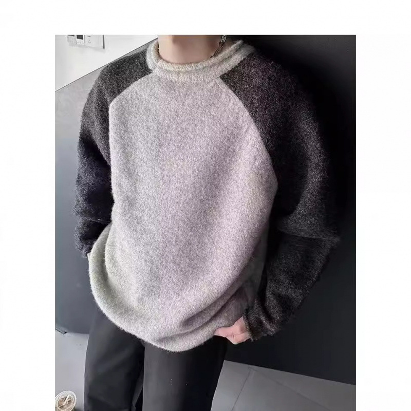 Lazy Weekend Korean Style Autumn and Winter Thickened Sweater Loose Raglan Sleeves Color Block Sweater Heavyweight for Men and Women