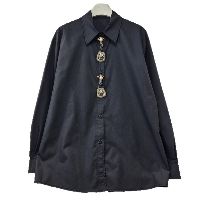 Retro americano otoño 2025 nueva industria pesada botones tridimensionales con diamantes súper bonitos moda de camisas sueltas femeninas