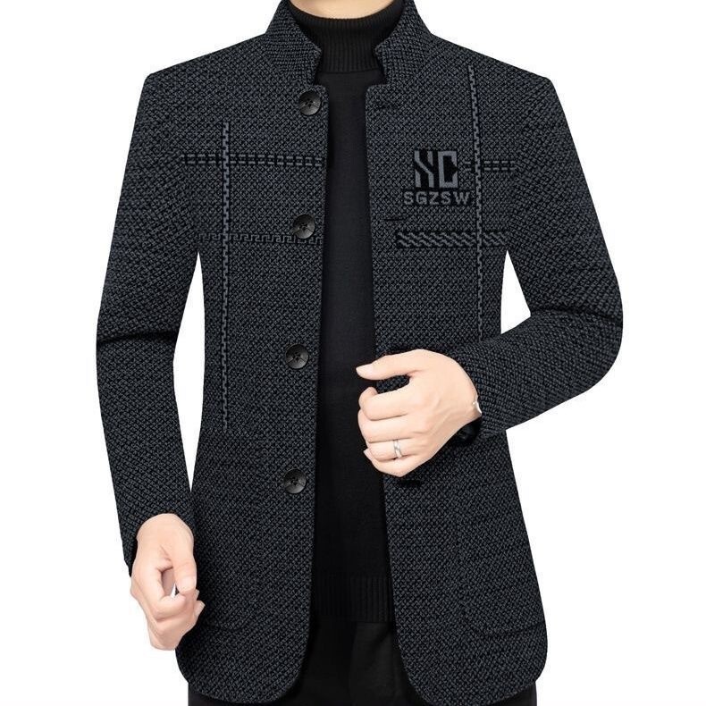 Autumn and Winter Middle-Aged Men's Stand-Collar Jacket, High-End Casual Zhongshan-Style New Chinese-Style Men's Woolen Coat