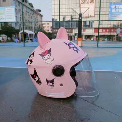3C Certified EleCtriC VehiCle Helmet Motosiklet kaskı (dəbilqə) - pink-kurome-transparent-long-mirror-pink-cat-ears