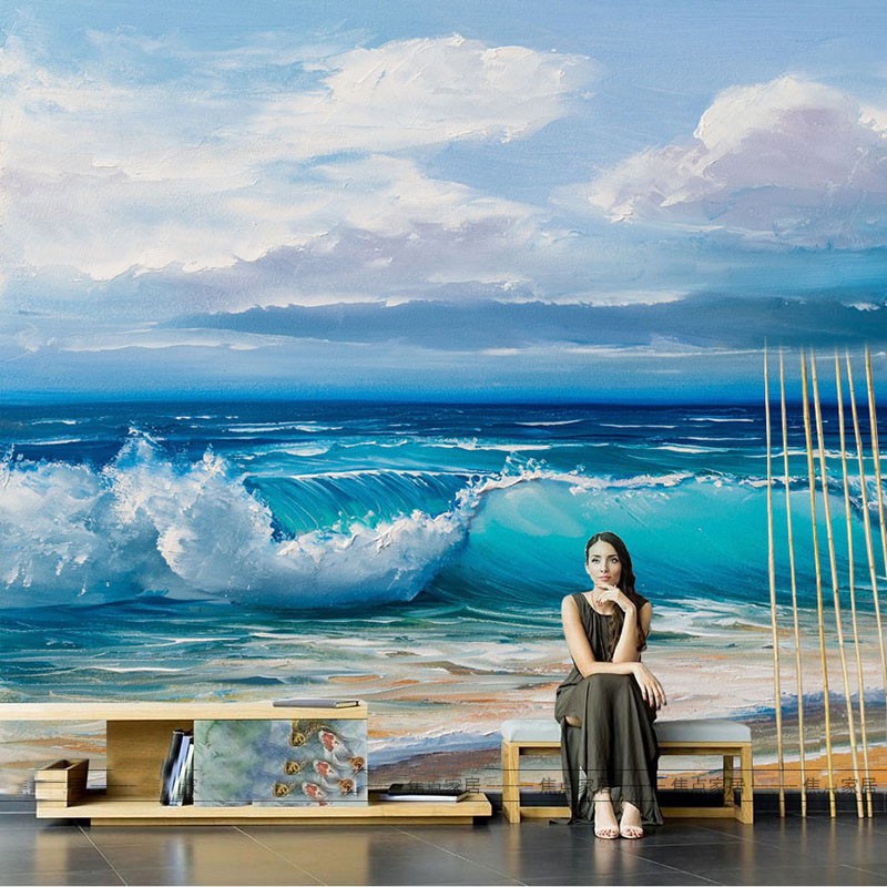 北欧手绘抽象大海海浪壁纸风景画壁布客厅电视背景墙卧室壁画墙布